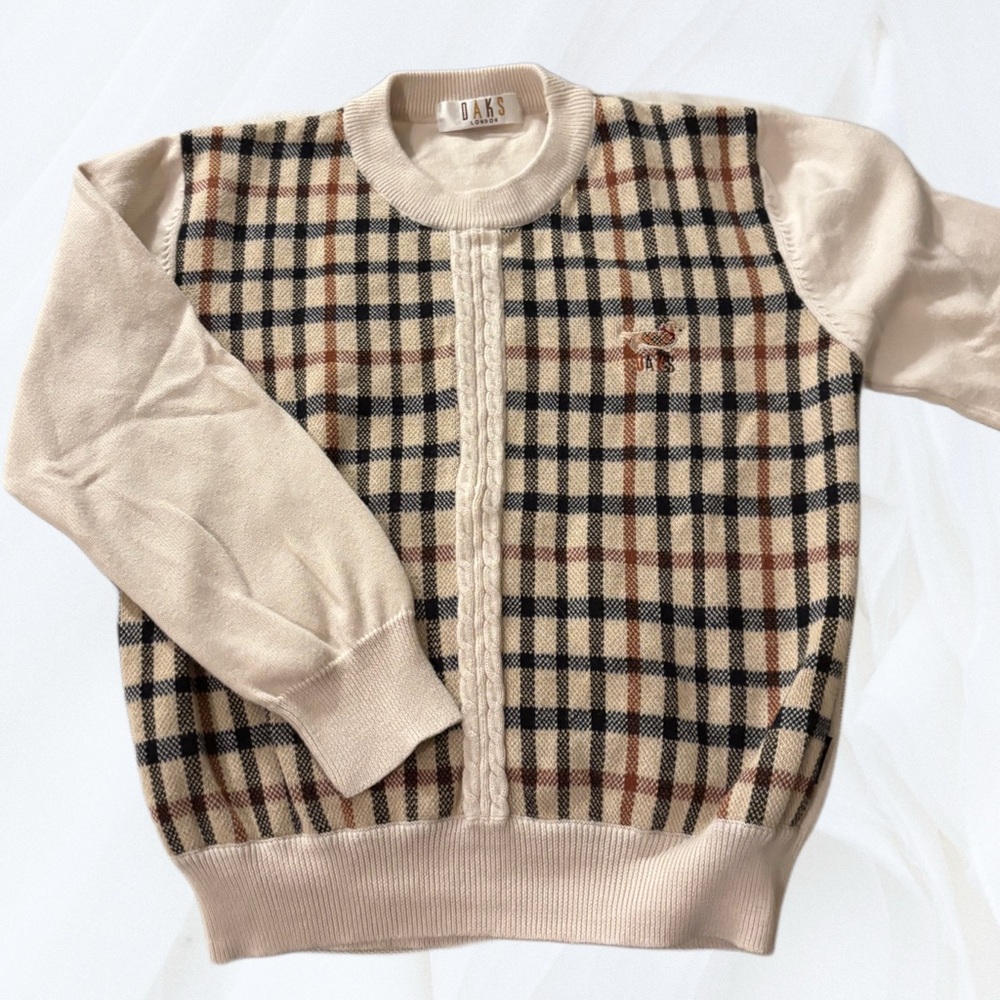 DAKS London Beige and Brown Plaid Crewneck Sweater